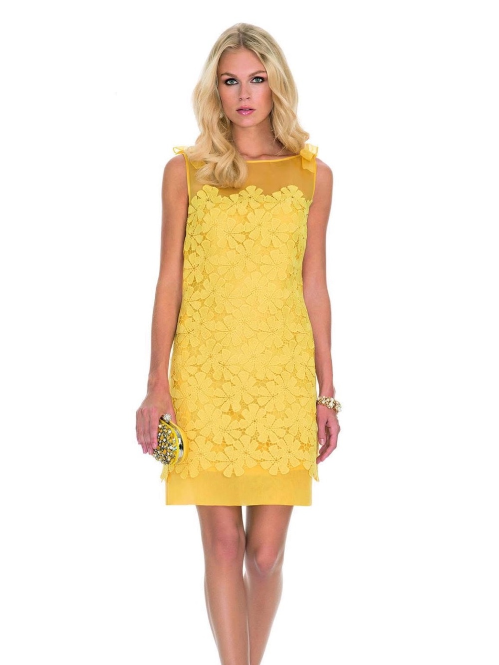 Luisa Spagnoli Italian Yellow Floral Lace Sheath Dress & Silk Jacket Set